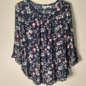 GAP Top Navy Blue Floral Ruffle Lightweight Small